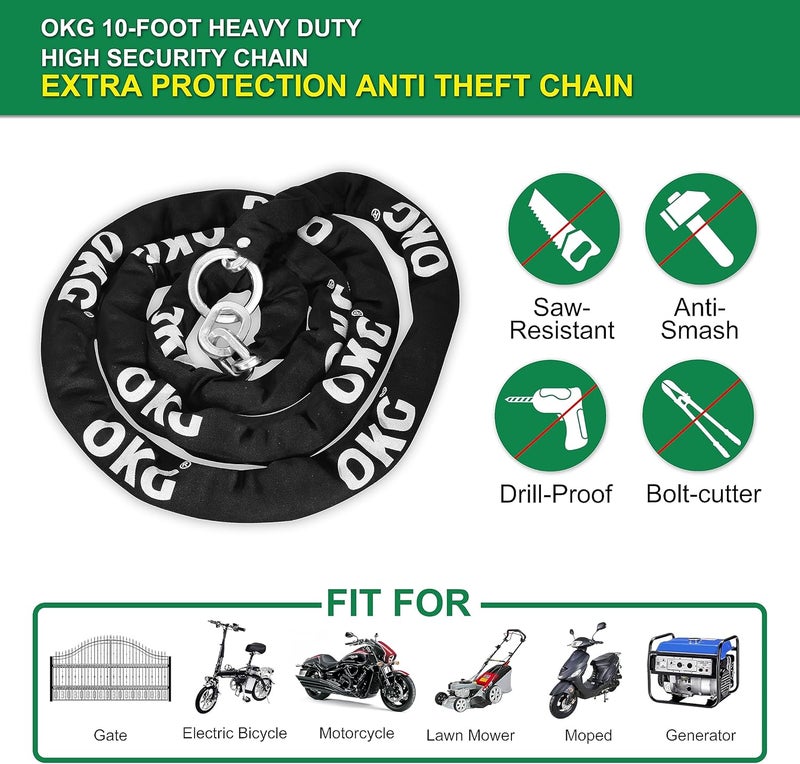 OKG Extra Long Security Chain - 10-Foot x 3/8" Thick Heavy Duty, Eco-Zinc Plated - Uncuttable for Outdoor & Indoor Use - Bike & Motorcycle Lock Chain - For Two+ 2-Wheeled Vehicles - Image 5